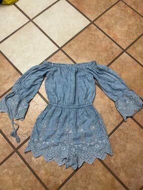 American Eagle Outfitters Light Blue Embroidered Off-Shoulder Romper